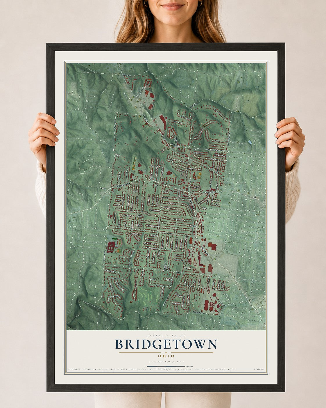 Map of Bridgetown, Ohio, 24 x 36 inch print in a black wood frame