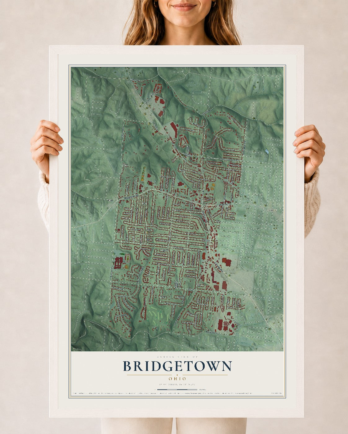 Map of Bridgetown, Ohio, 24 x 36 inch print in a white wood frame