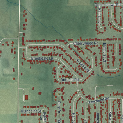 Close-up of the map of Brimfield, Ohio print showing street and building detail