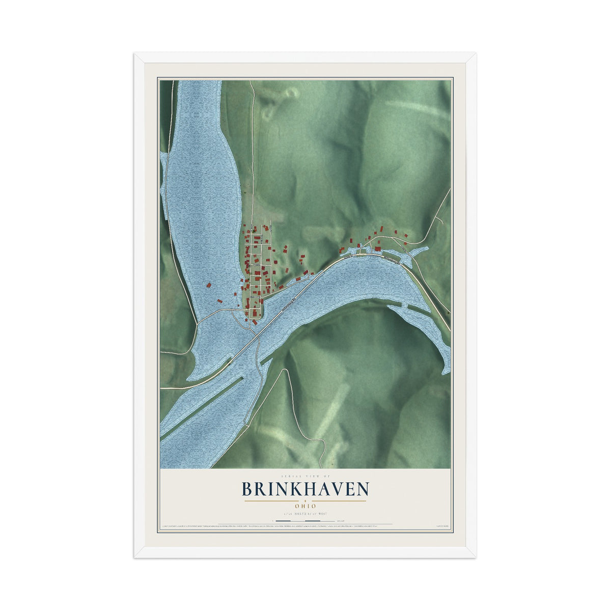 Map of Brinkhaven, Ohio, 12 x 18 inch print in a white wood frame