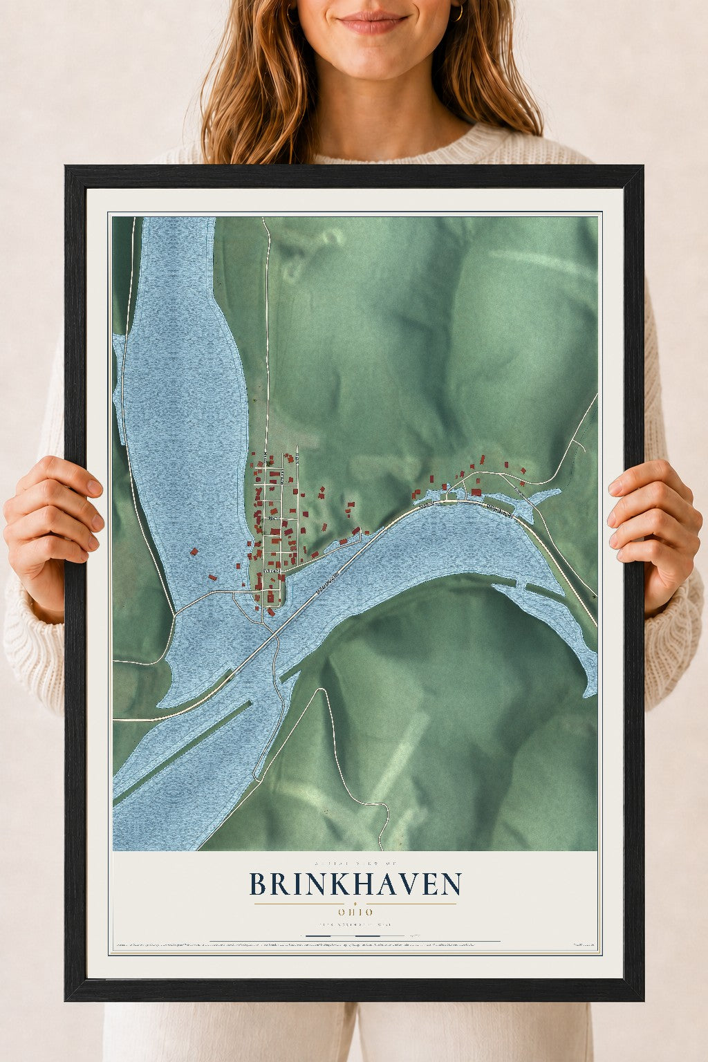 Map of Brinkhaven, Ohio, 18 x 24 inch print in a black wood frame