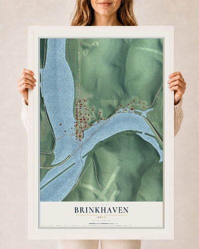 Map of Brinkhaven, Ohio, 24 x 36 inch print in a white wood frame