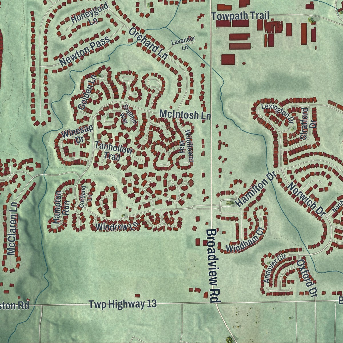 Close-up of the map of Broadview Heights, Ohio print showing street and building detail