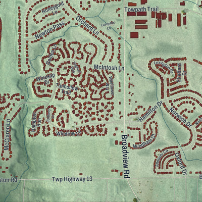 Close-up of the map of Broadview Heights, Ohio print showing street and building detail