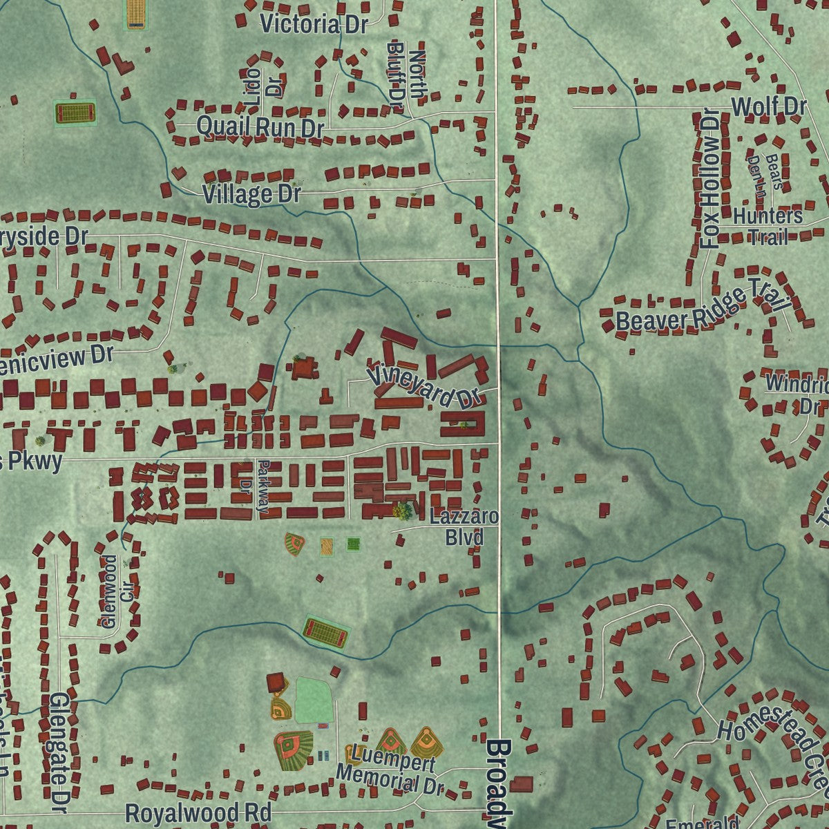 Second close-up of the map of Broadview Heights, Ohio print showing more streets and buildings