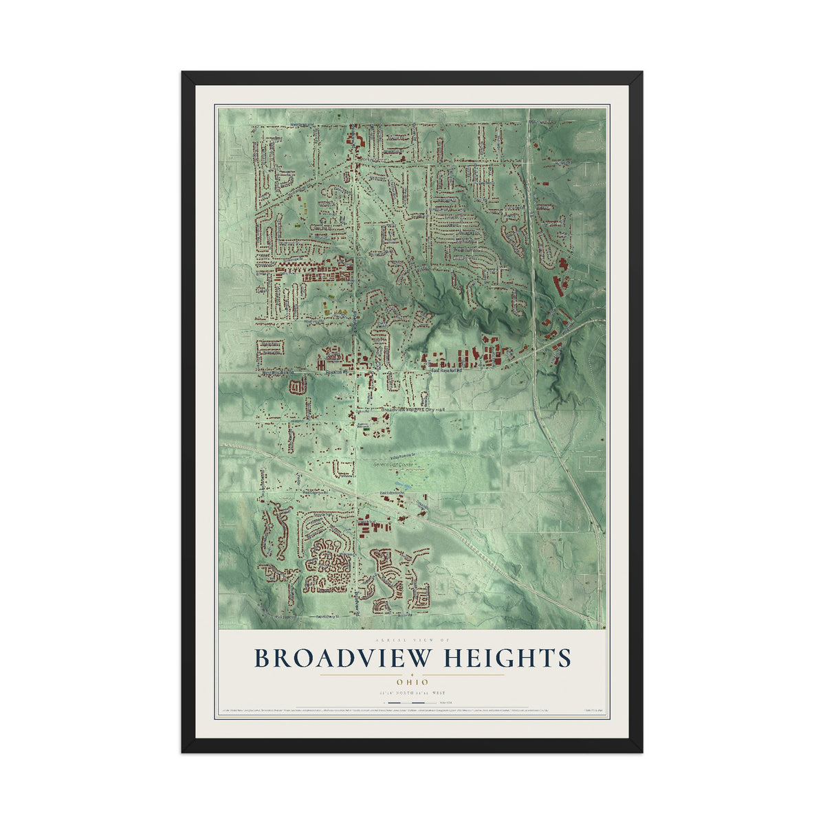 Map of Broadview Heights, Ohio, 12 x 18 inch print in a black wood frame