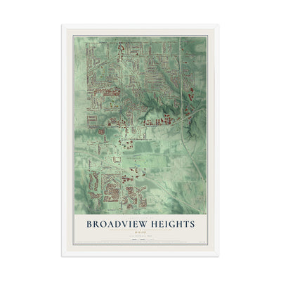 Map of Broadview Heights, Ohio, 12 x 18 inch print in a white wood frame