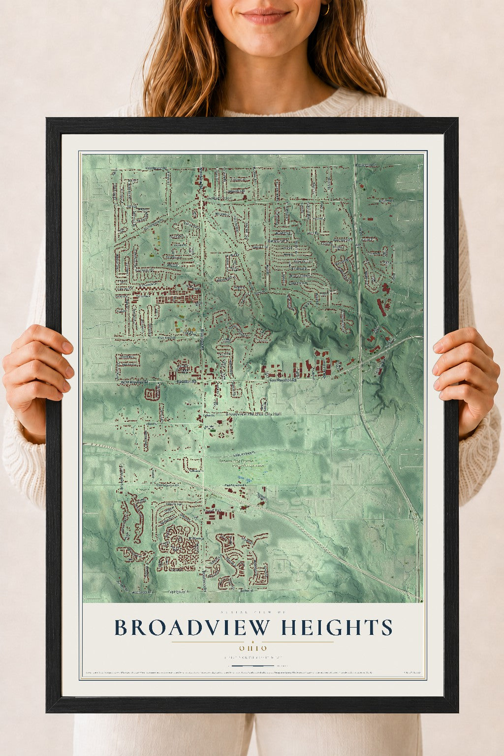 Map of Broadview Heights, Ohio, 18 x 24 inch print in a black wood frame