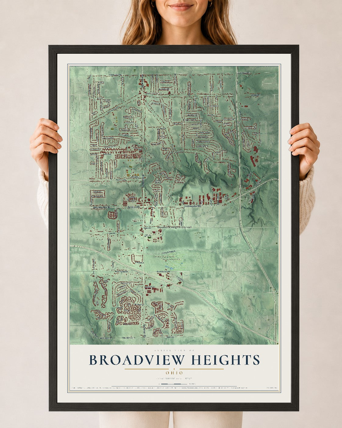 Map of Broadview Heights, Ohio, 24 x 36 inch print in a black wood frame