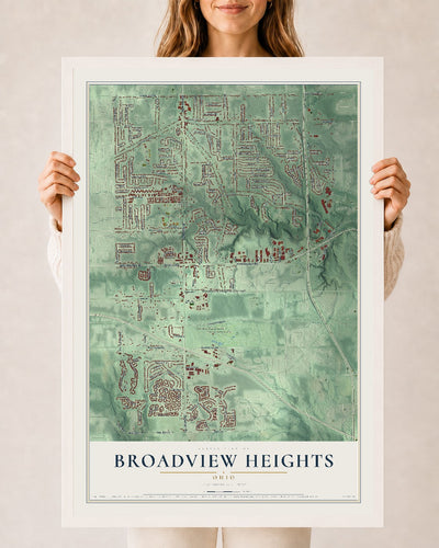 Map of Broadview Heights, Ohio, 24 x 36 inch print in a white wood frame