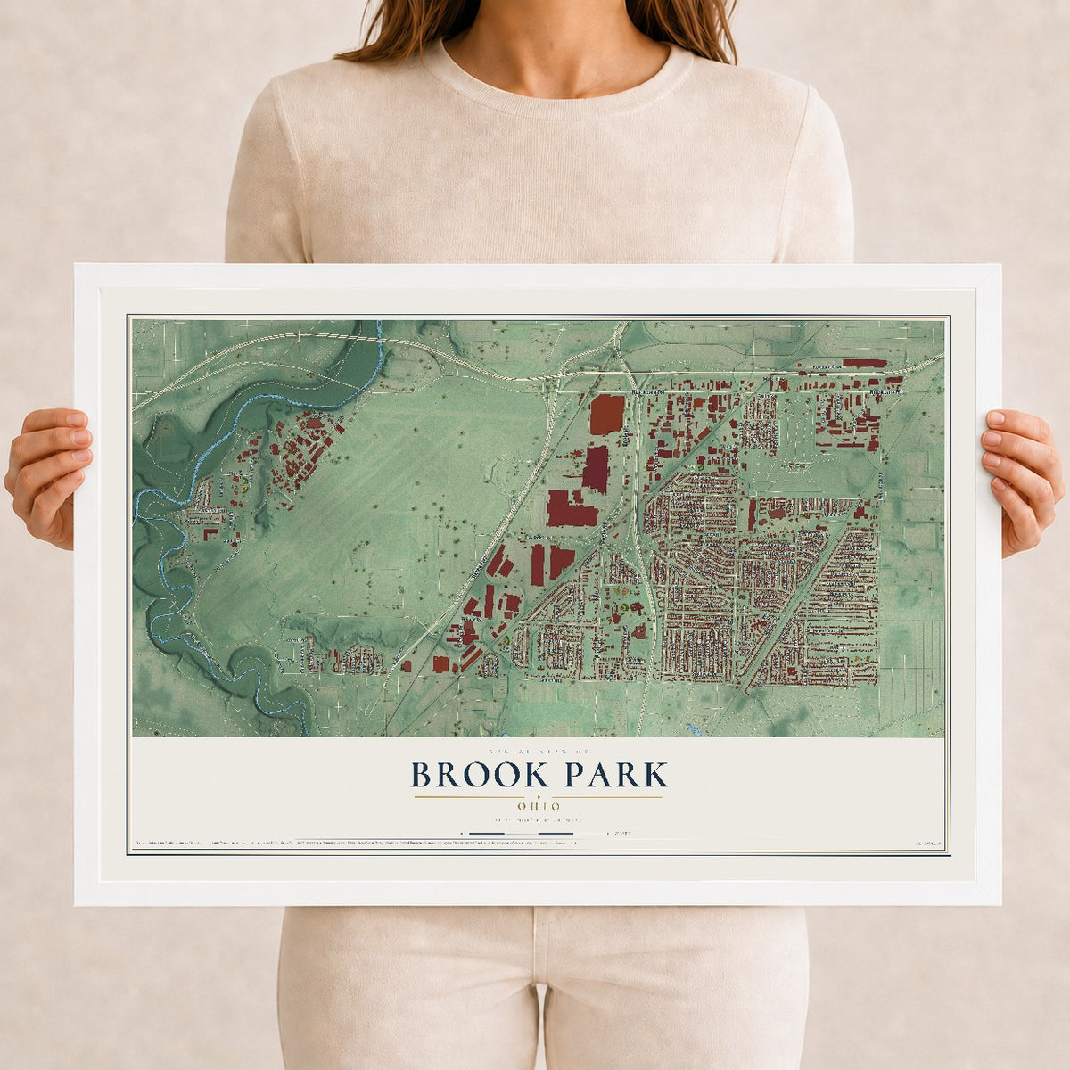Map of Brook Park, Ohio, 12 x 18 inch print in a white wood frame