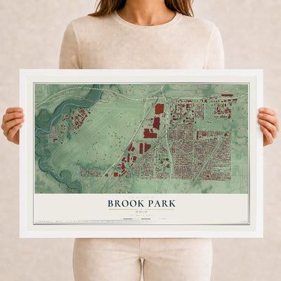 Map of Brook Park, Ohio, 12 x 18 inch print in a white wood frame
