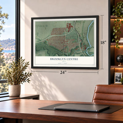 Brooklyn Centre, Ohio map, 18 x 24 inch print in a black frame in a home office