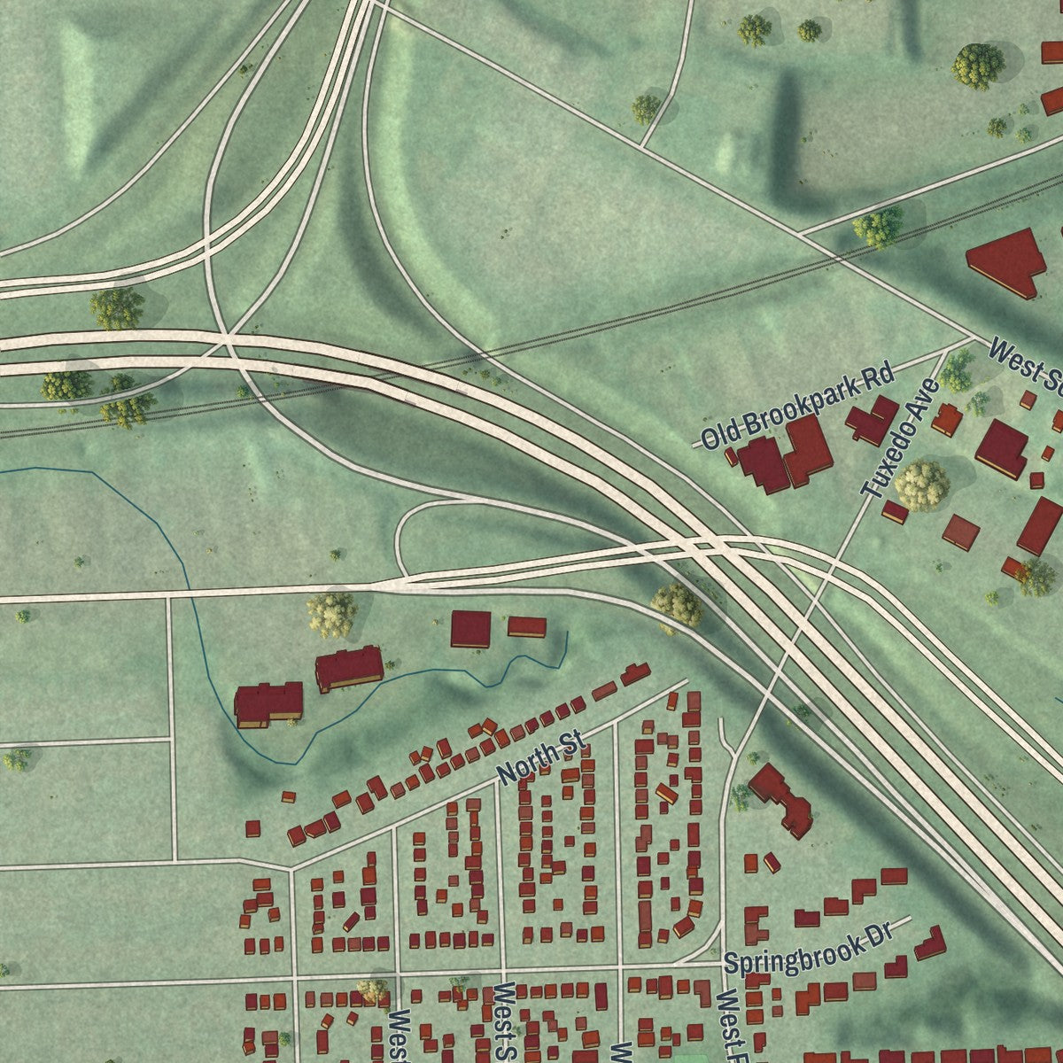 Close-up of the map of Brooklyn Heights, Ohio print showing street and building detail