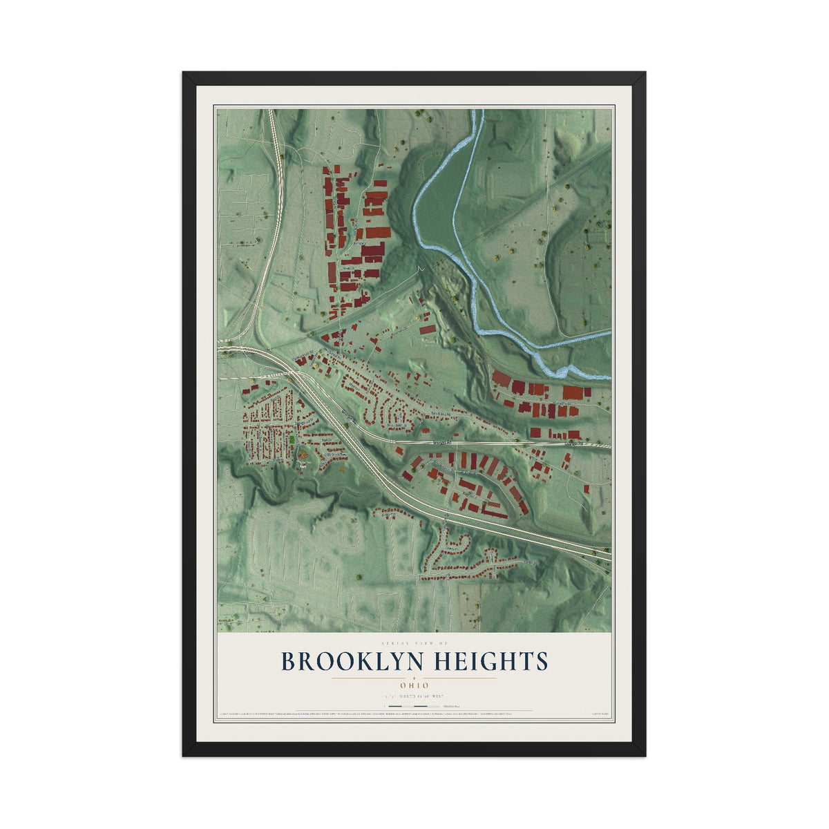 Map of Brooklyn Heights, Ohio, 12 x 18 inch print in a black wood frame