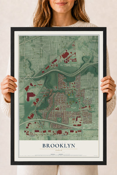 Map of Brooklyn, Ohio, 18 x 24 inch print in a black wood frame