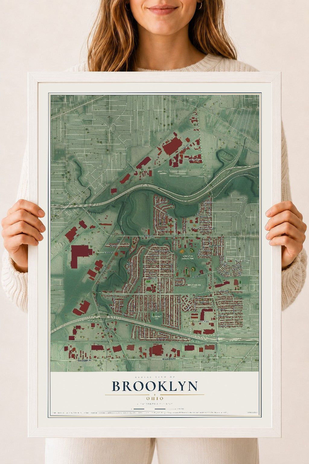 Map of Brooklyn, Ohio, 18 x 24 inch print in a white wood frame