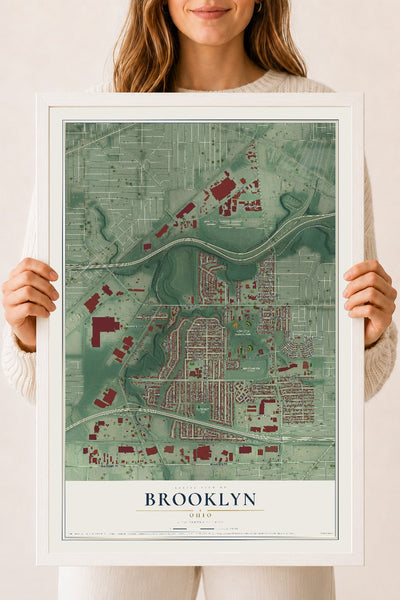 Map of Brooklyn, Ohio, 18 x 24 inch print in a white wood frame