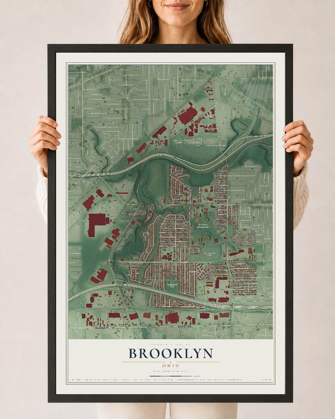 Map of Brooklyn, Ohio, 24 x 36 inch print in a black wood frame