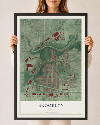 Map of Brooklyn, Ohio, 24 x 36 inch print in a black wood frame
