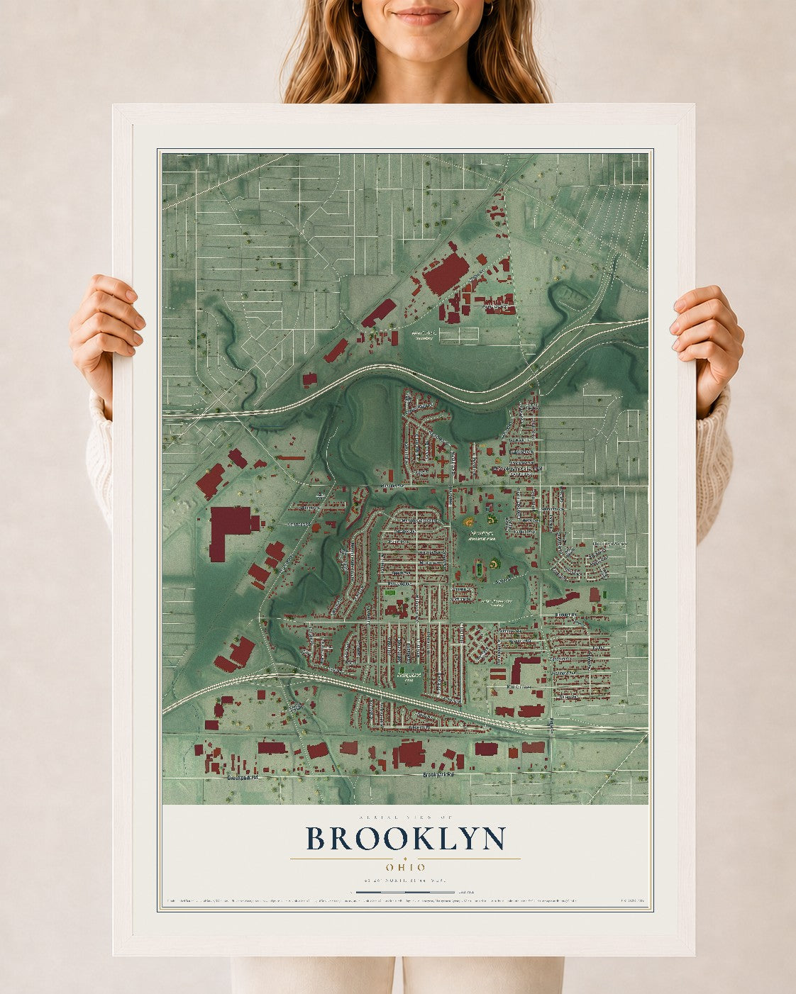 Map of Brooklyn, Ohio, 24 x 36 inch print in a white wood frame