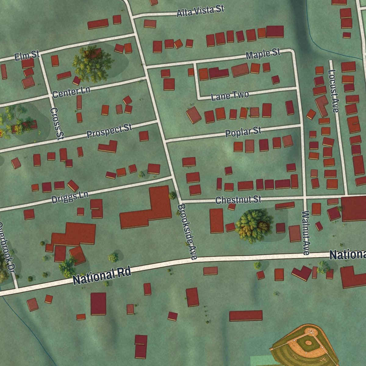 Close-up of the map of Brookside, Ohio print showing street and building detail