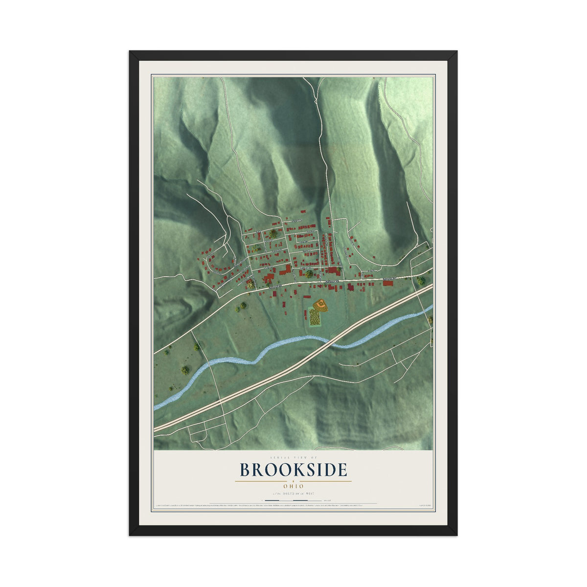 Map of Brookside, Ohio, 12 x 18 inch print in a black wood frame