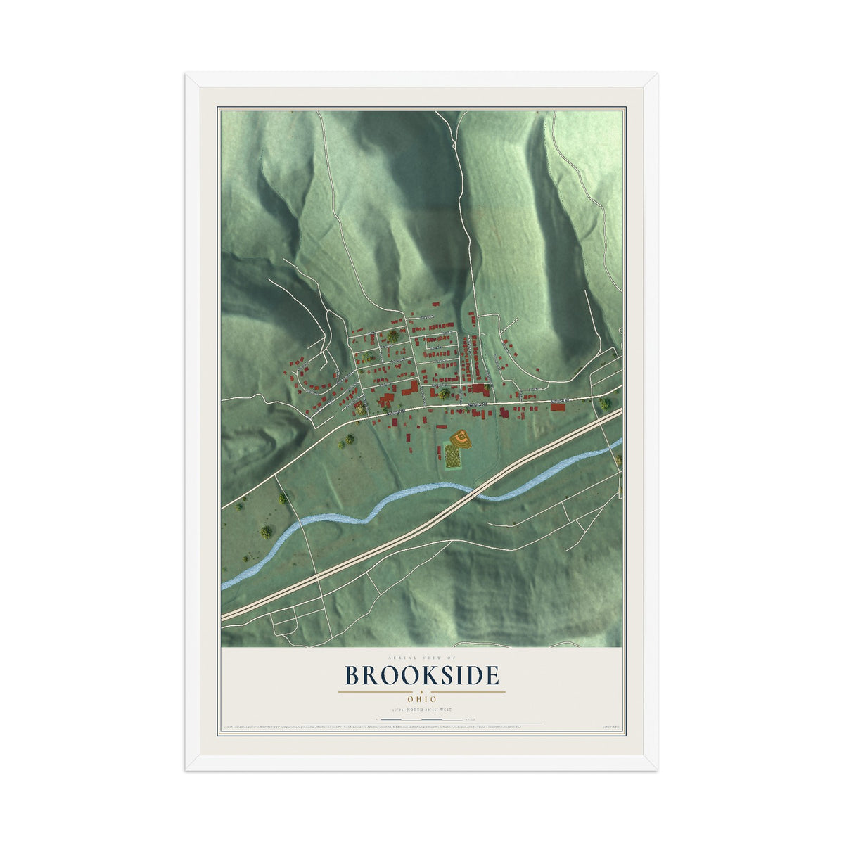 Map of Brookside, Ohio, 12 x 18 inch print in a white wood frame