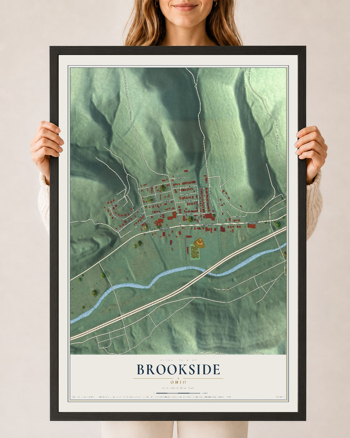 Map of Brookside, Ohio, 24 x 36 inch print in a black wood frame
