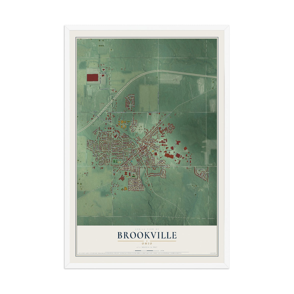 Map of Brookville, Ohio, 12 x 18 inch print in a white wood frame