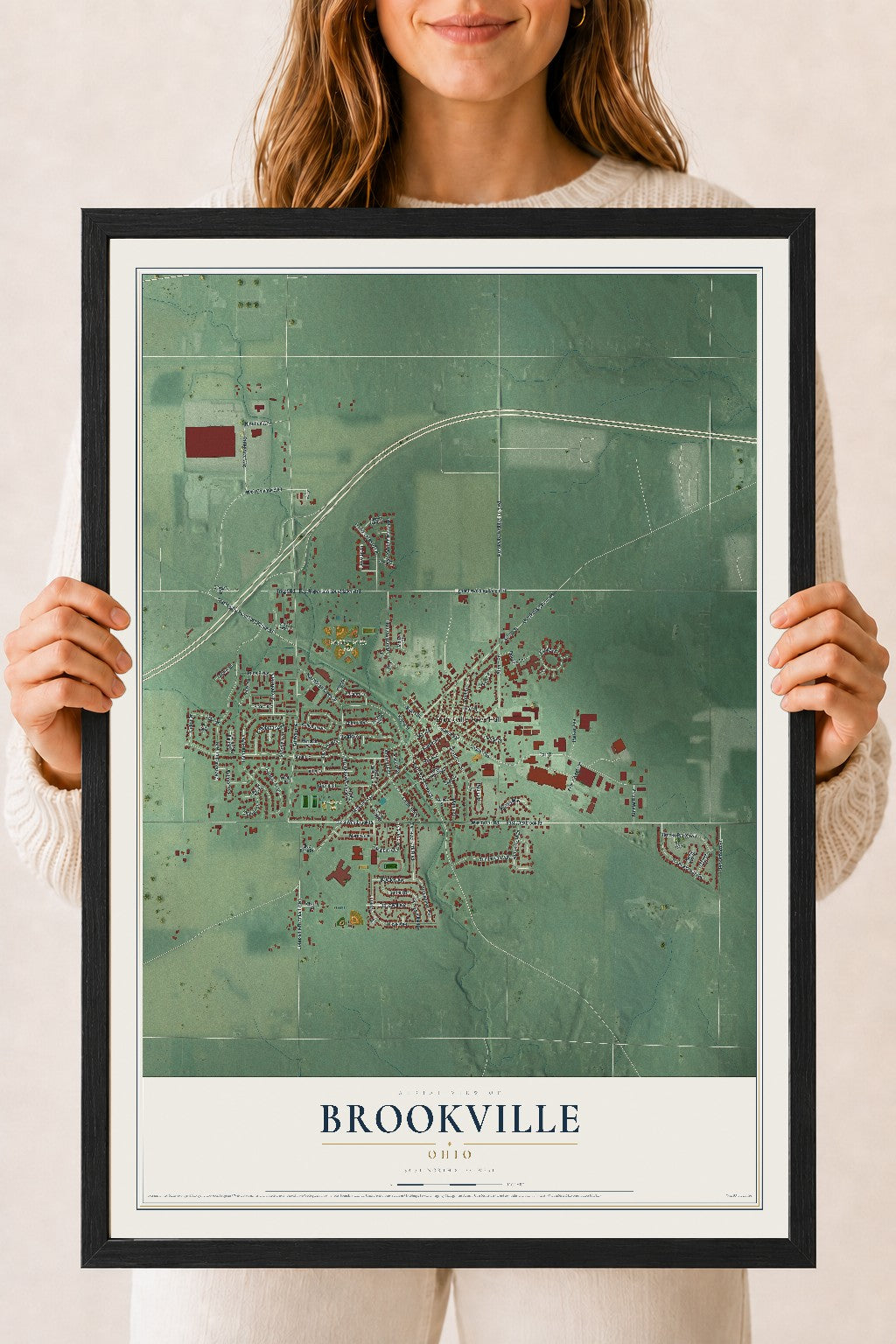 Map of Brookville, Ohio, 18 x 24 inch print in a black wood frame
