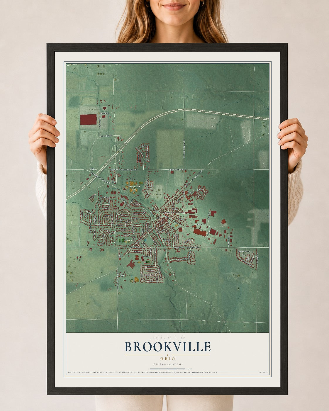 Map of Brookville, Ohio, 24 x 36 inch print in a black wood frame