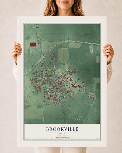 Map of Brookville, Ohio, 24 x 36 inch print in a white wood frame