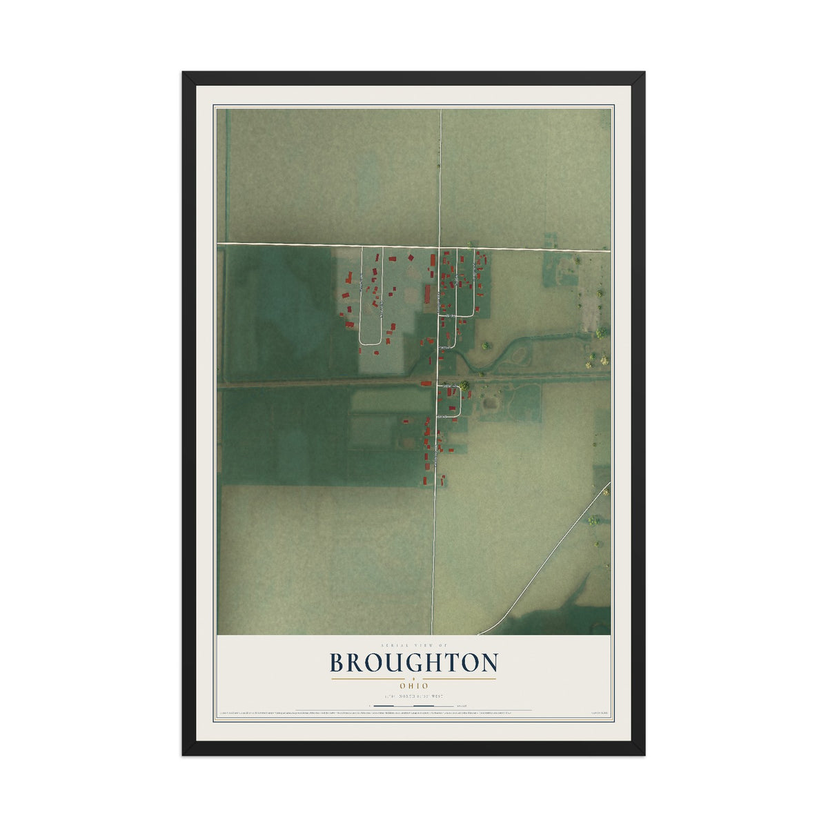 Map of Broughton, Ohio, 12 x 18 inch print in a black wood frame