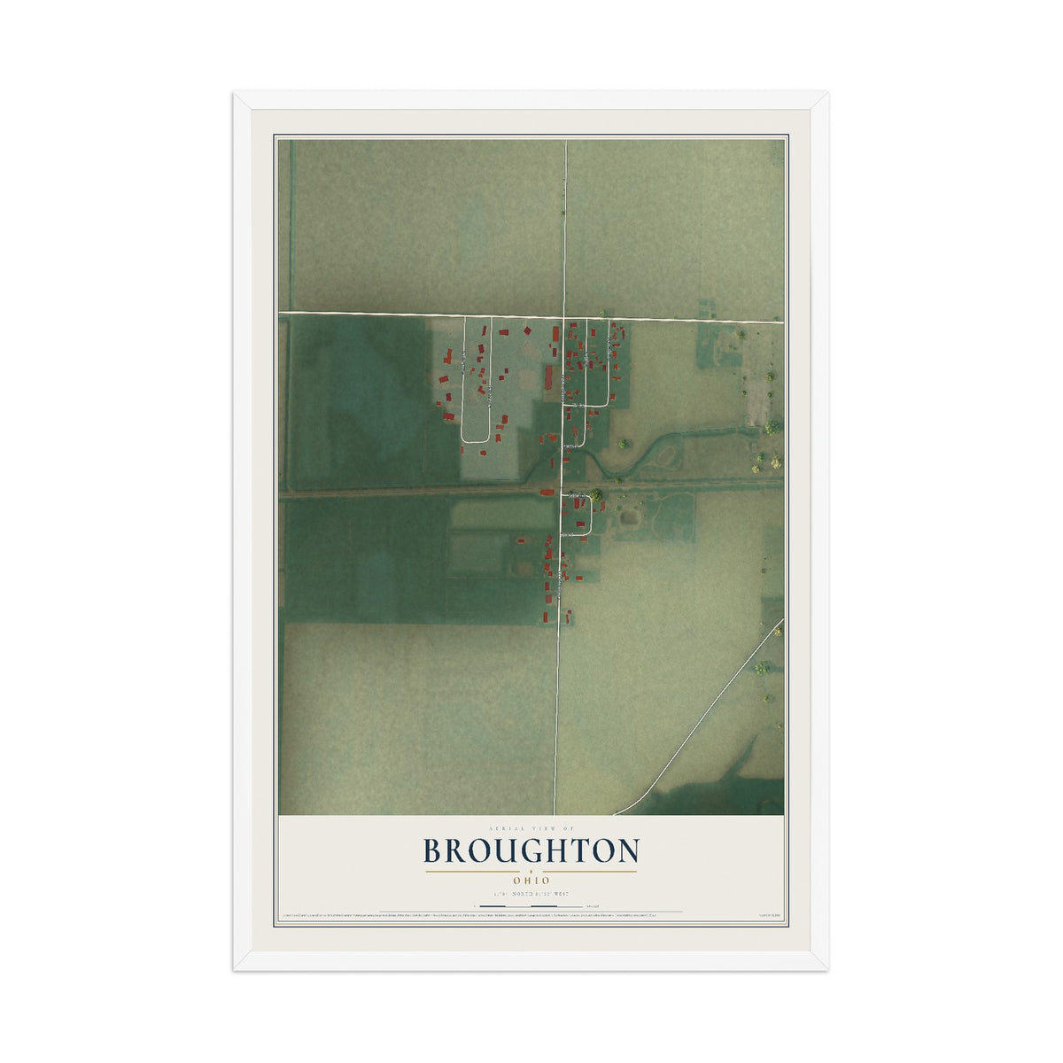 Map of Broughton, Ohio, 12 x 18 inch print in a white wood frame