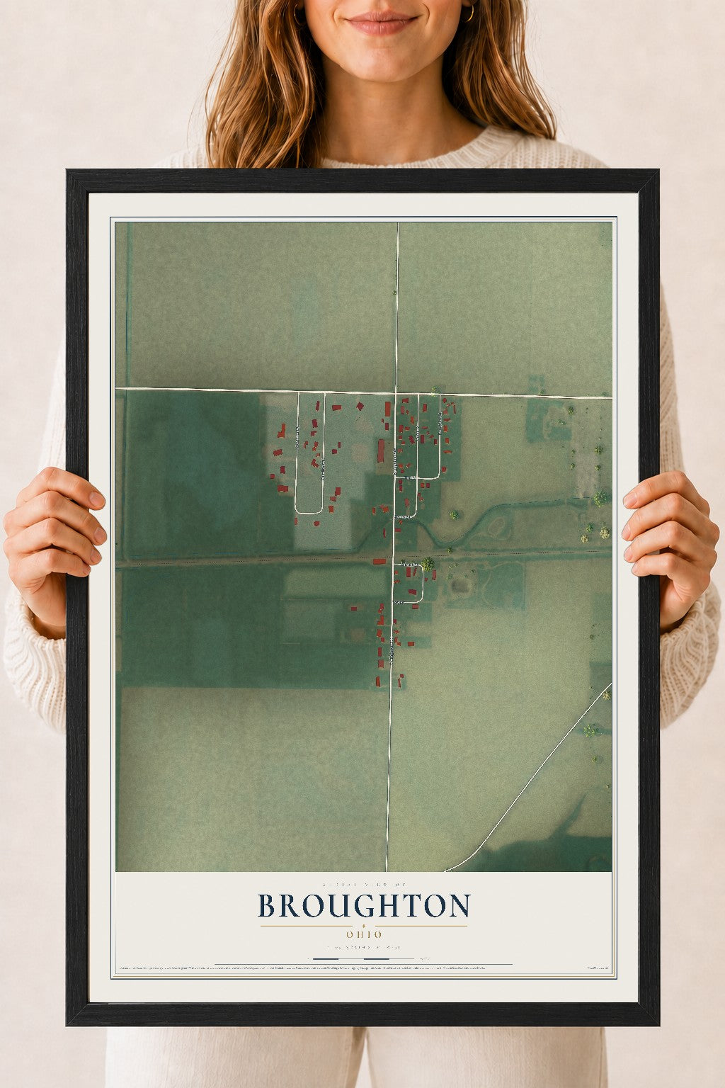 Map of Broughton, Ohio, 18 x 24 inch print in a black wood frame