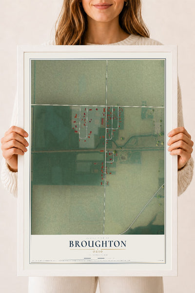 Map of Broughton, Ohio, 18 x 24 inch print in a white wood frame