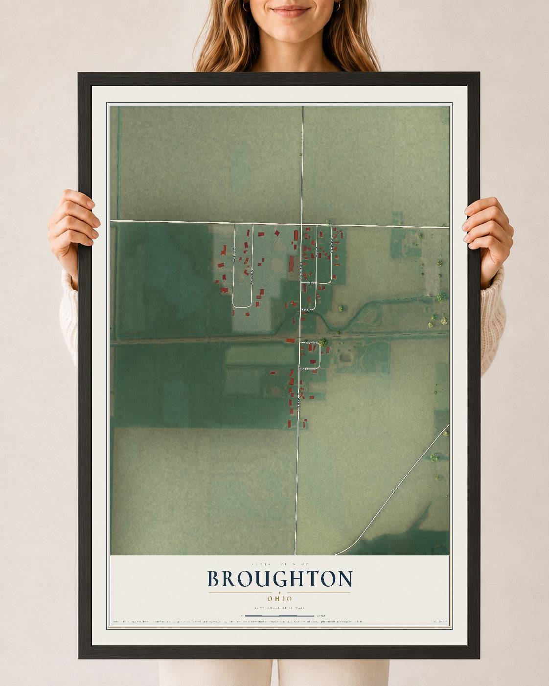 Map of Broughton, Ohio, 24 x 36 inch print in a black wood frame
