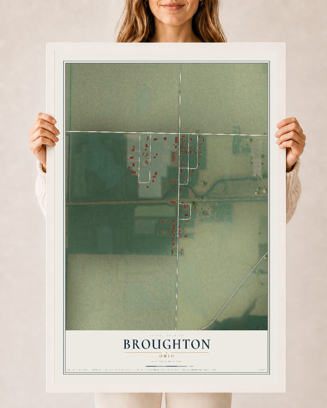 Map of Broughton, Ohio, 24 x 36 inch print in a white wood frame