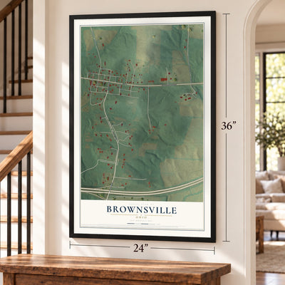 Brownsville, Ohio map, 24 x 36 inch print in a black frame by a staircase