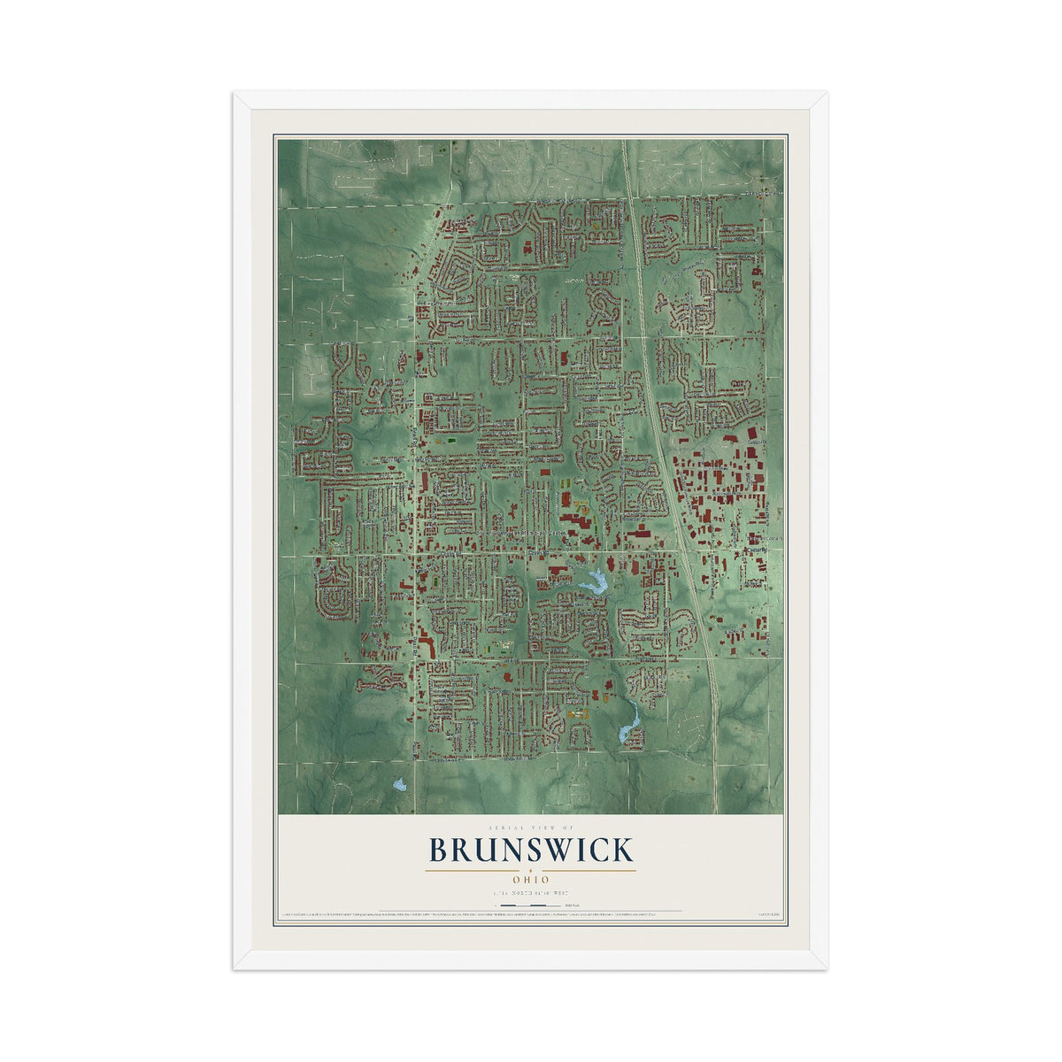 Map of Brunswick, Ohio, 12 x 18 inch print in a white wood frame
