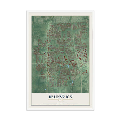 Map of Brunswick, Ohio, 12 x 18 inch print in a white wood frame