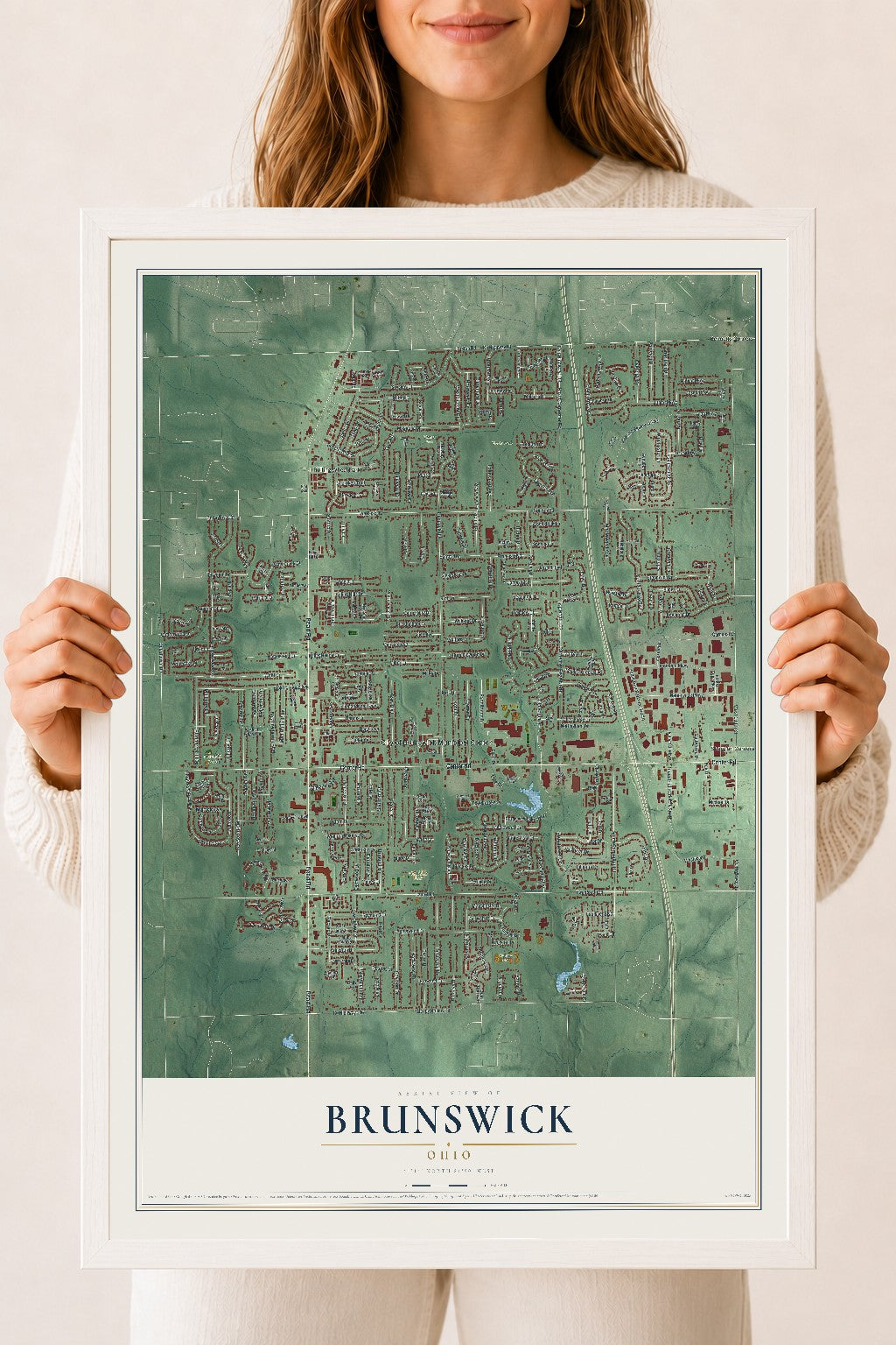 Map of Brunswick, Ohio, 18 x 24 inch print in a white wood frame