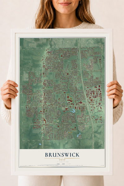 Map of Brunswick, Ohio, 18 x 24 inch print in a white wood frame