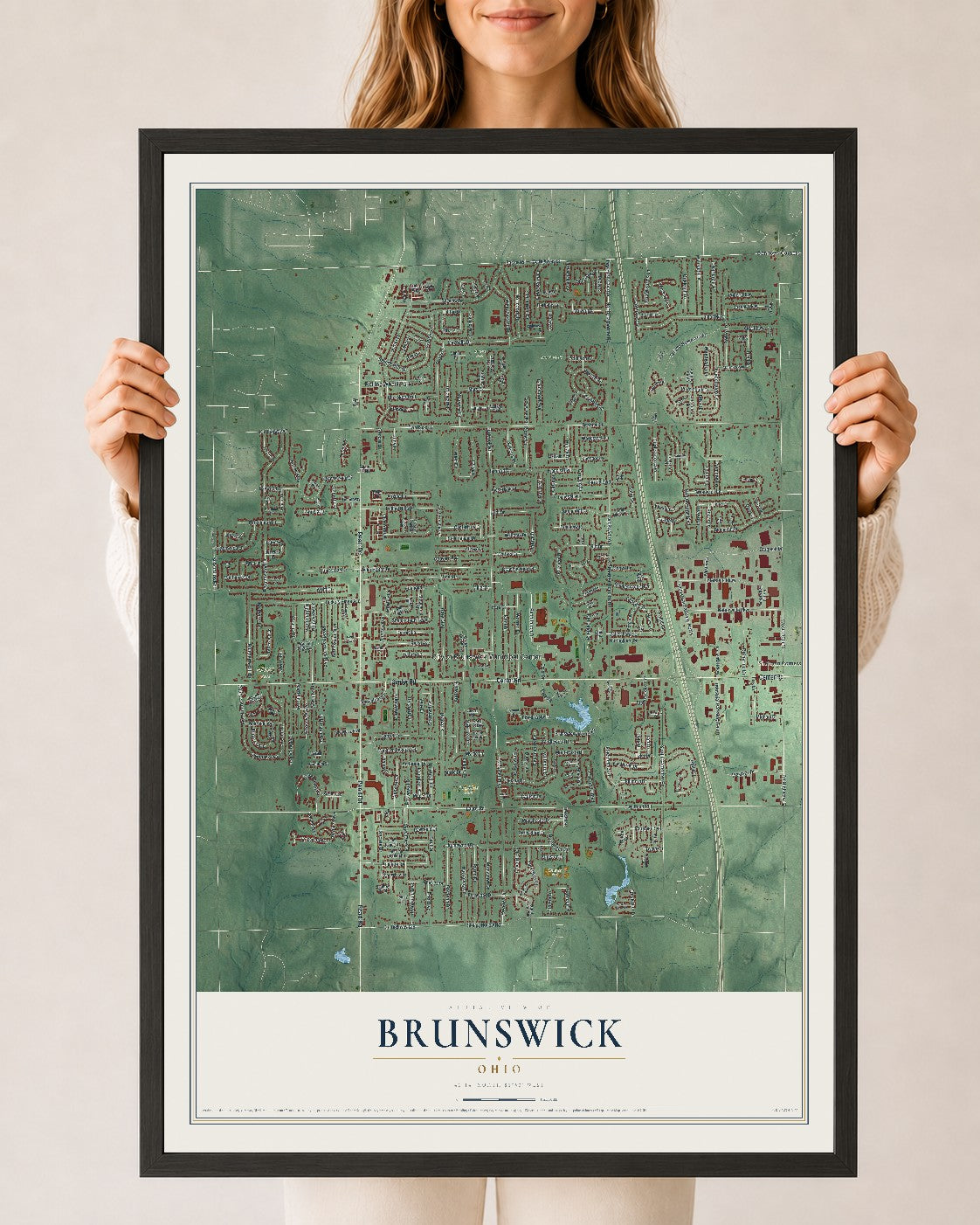Map of Brunswick, Ohio, 24 x 36 inch print in a black wood frame