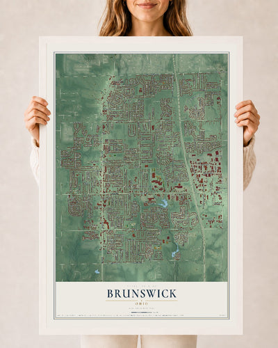 Map of Brunswick, Ohio, 24 x 36 inch print in a white wood frame