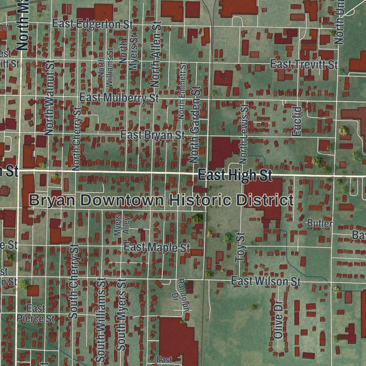 Close-up of the map of Bryan, Ohio print showing street and building detail