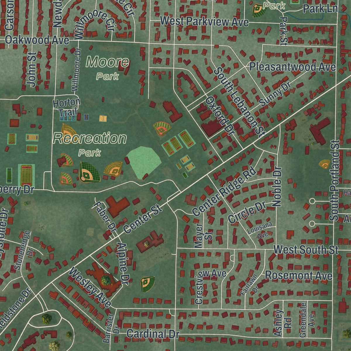 Second close-up of the map of Bryan, Ohio print showing more streets and buildings