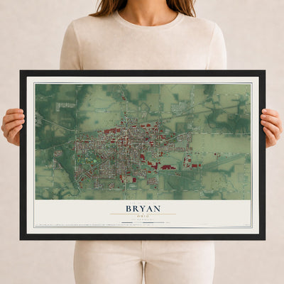 Map of Bryan, Ohio, 12 x 18 inch print in a black wood frame
