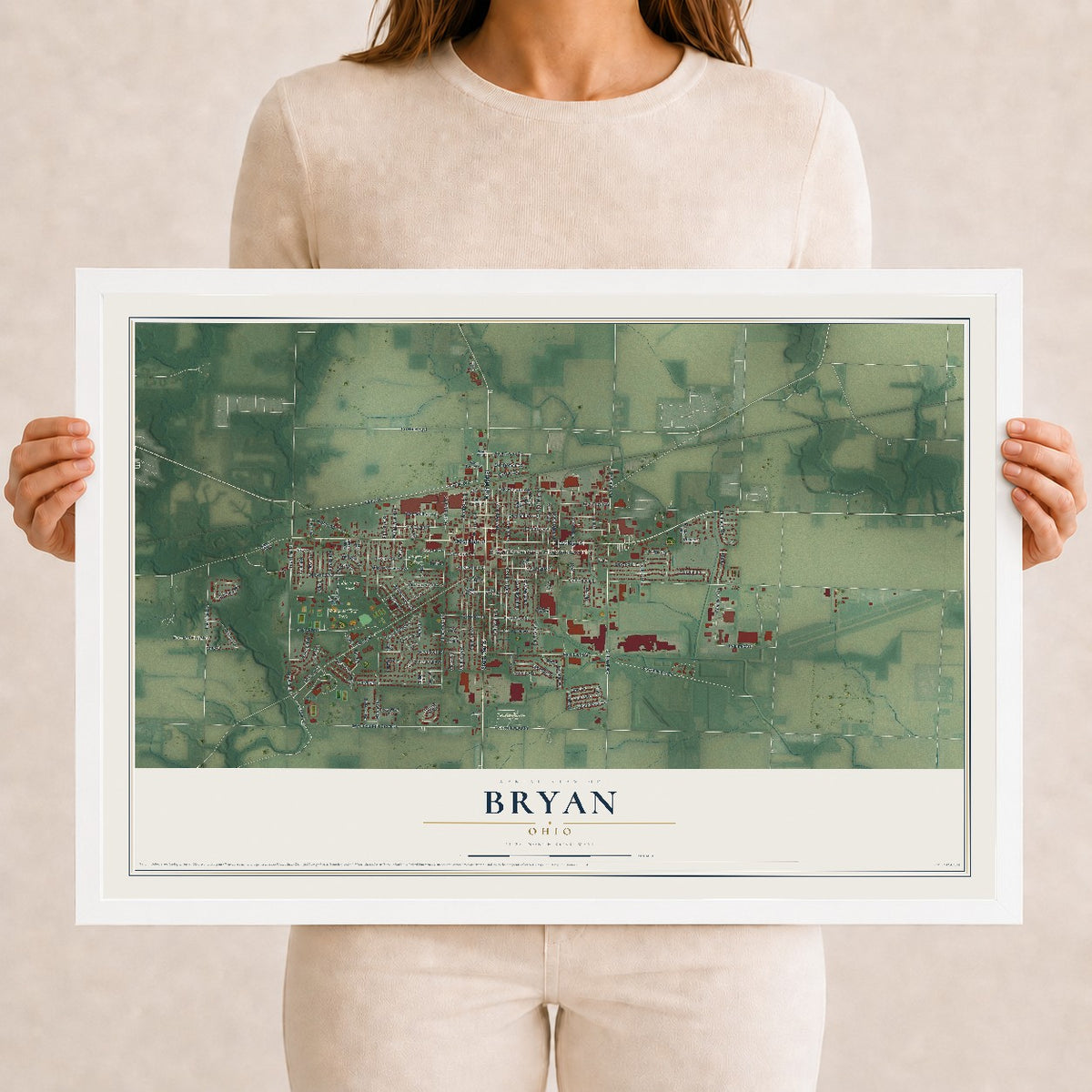 Map of Bryan, Ohio, 12 x 18 inch print in a white wood frame